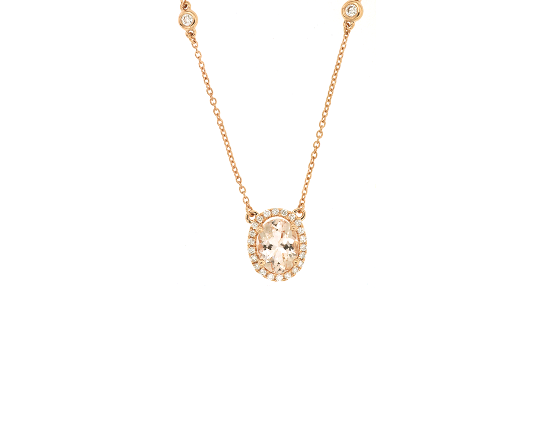 Sabel Collection Rose Gold Oval Morganite and Diamond Halo Station Pendant